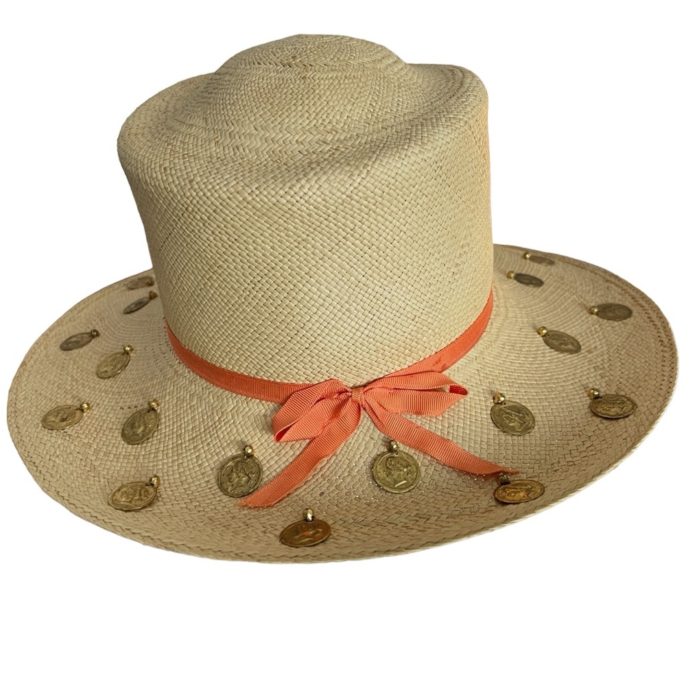 VINTAGE 60s Therese Ahrens Ecuador Straw Sun Hat Gold Coin Statement - Picture 6 of 14